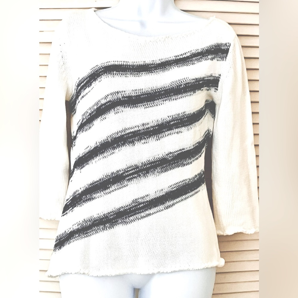 Margon Italian sweater 80% cotton US size 6 blue horizontal stripes 3/4 sleeves